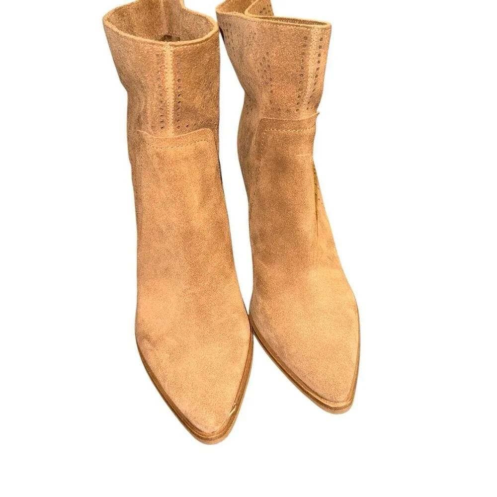 Vince Camuto Catheryna Tan Taupe Brown Perforated Bootie Heel Boho US Size 7.5 - Picture 2 of 5